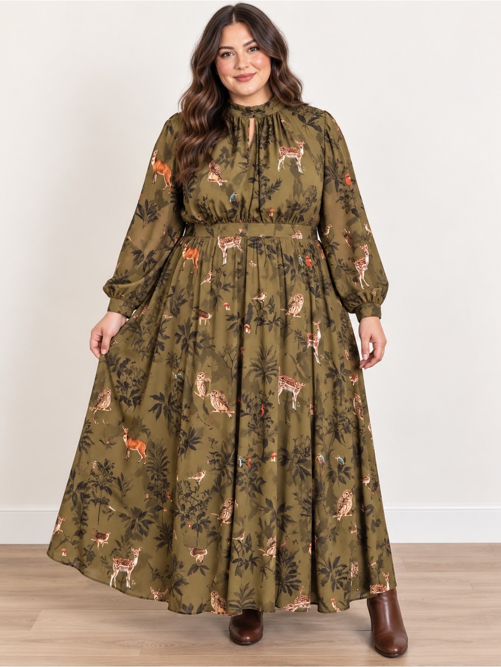 eShakti Plus Size 3X Olive Woodland Animal Print Maxi Dress Cottagecore